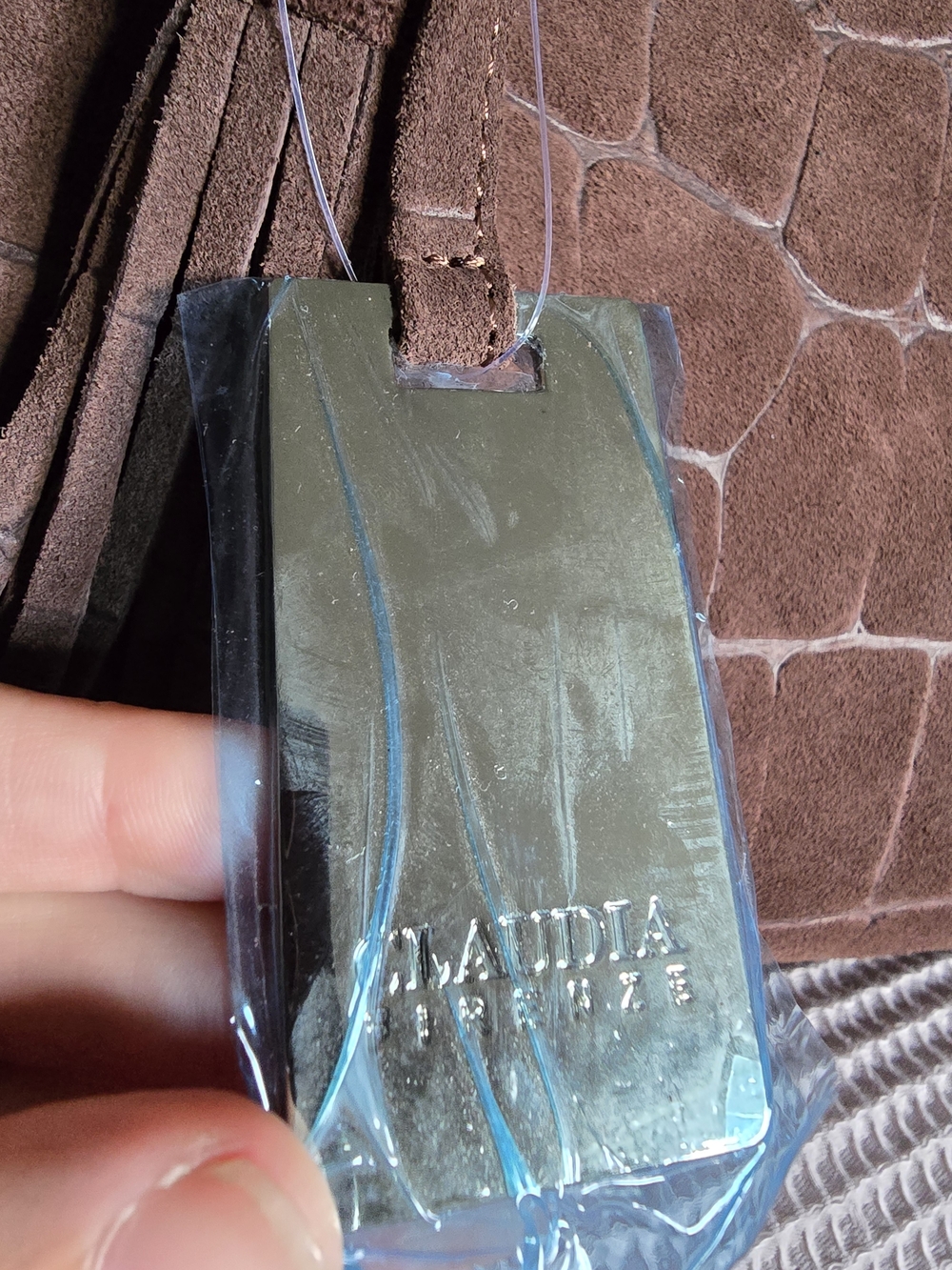 Genuine Leather Suede Croc-Embossed Claudia Firenze Brown Bag with Tassel NWT - Picture 3 of 12